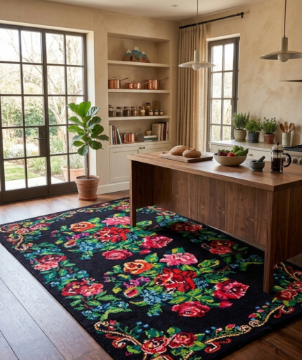 Kaliteli Yıkanabilir Siyah Gül Desenli Karabağ Dijital Baskı Kilim